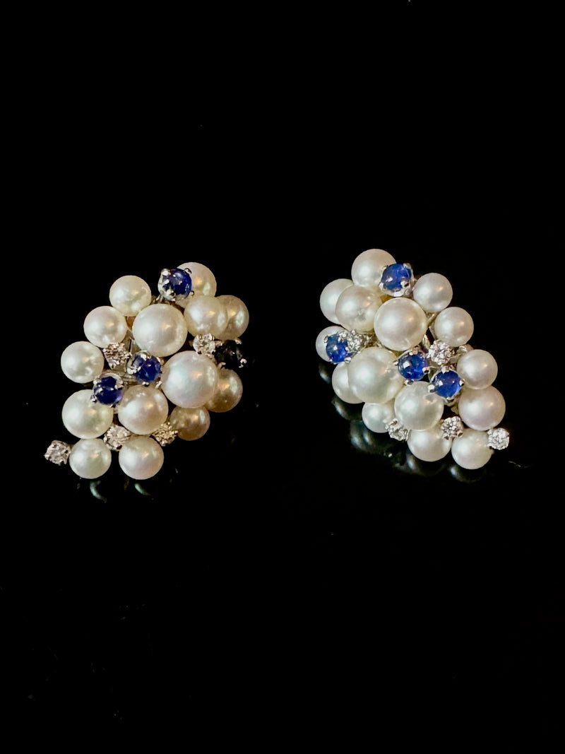 Pearl, diamond and sapphire earclips, c1950s