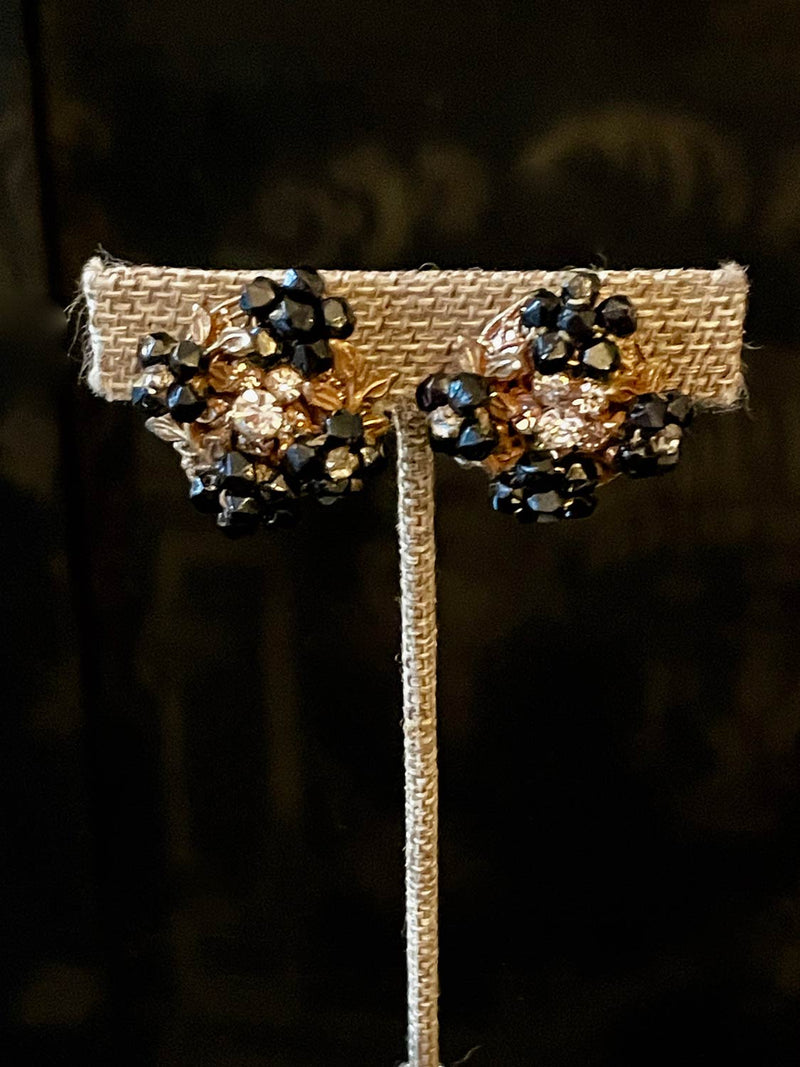 Jet Floral Earclips, c1960s