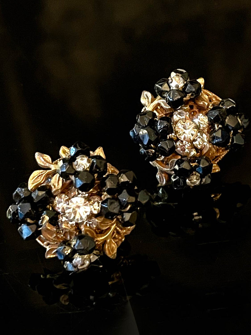 Jet Floral Earclips, c1960s